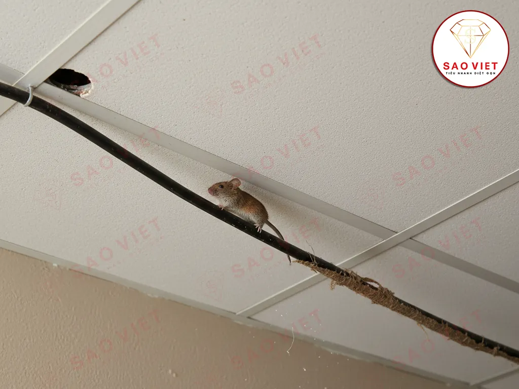 Chuột nhắt bò theo dây điện lên trần nhà