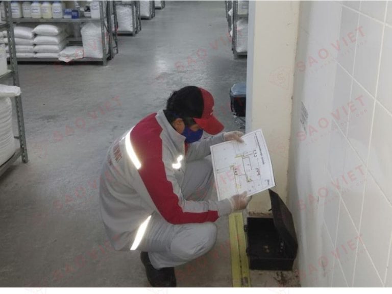 Kỹ thuật viên đang kiểm tra sơ đồ bẫy chuột tại khu vực kho lưu trữ nguyên liệu của một nhà máy dược phẩm đạt chuẩn GMP quốc tế