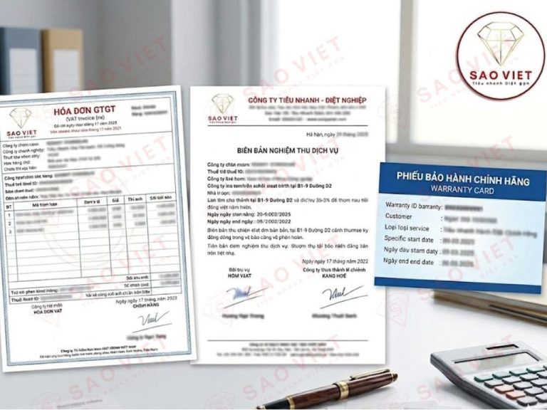 Bộ chứng từ gồm hóa đơn VAT, biên bản nghiệm thu và phiếu bảo hành.