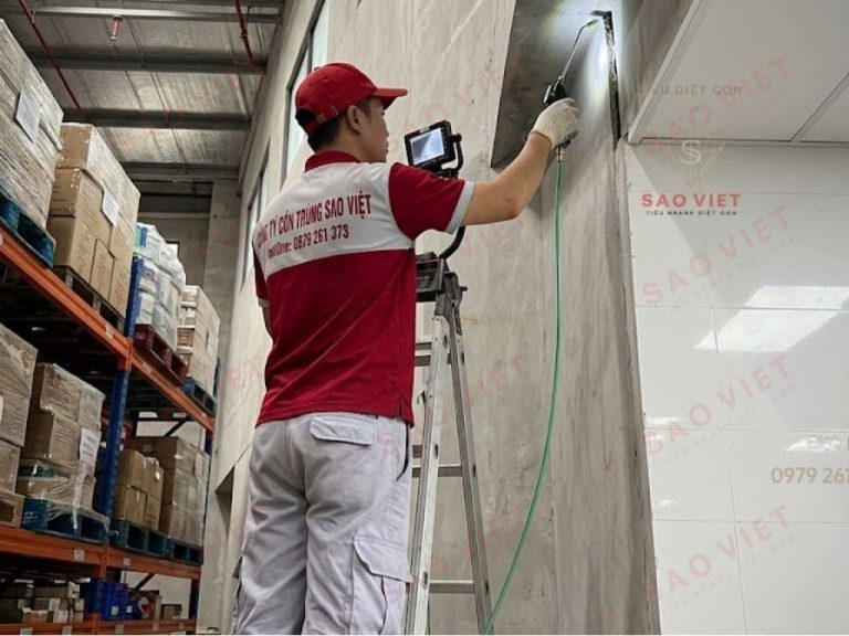 Ảnh kỹ thuật viên sử dụng gậy chuyên dụng và thiết bị phun áp lực để xử lý mạng nhện tại khu vực kệ hàng cao và các góc khuất trên trần nhà