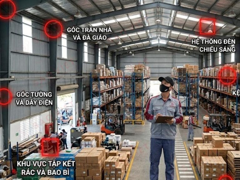 Ảnh tổng quan nhà xưởng và kho bãi với các vị trí dễ xuất hiện nhện được đánh dấu đỏ để cảnh báo rủi ro vận hành
