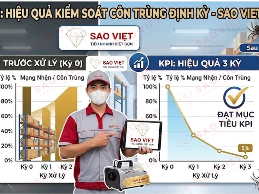 biểu đồ KPI thể hiện xu hướng giảm dần của lượng mạng nhện và côn trùng sau 3 kỳ xử lý định kỳ liên tiếp