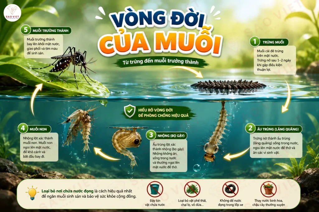 Sơ đồ chi tiết 4 giai đoạn biến thái trong vòng đời sinh trưởng của muỗi.