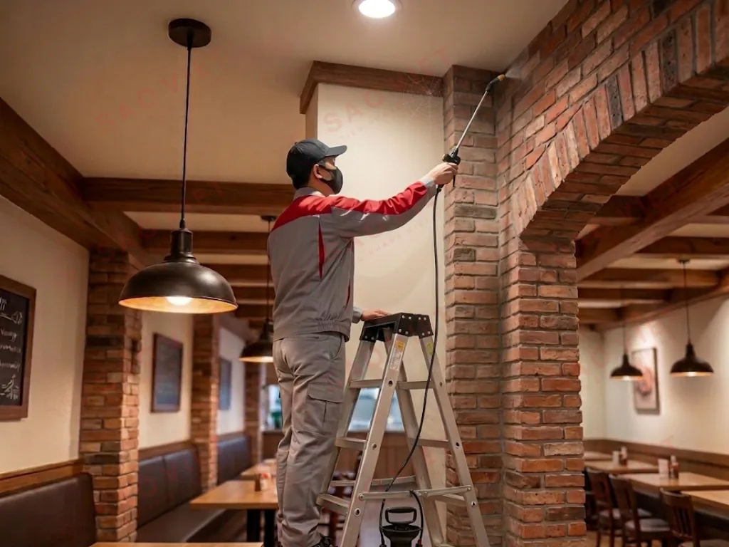 Vệ sinh và diệt nhện đèn chùm sảnh khách sạn văn phòng