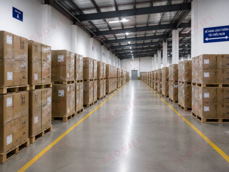 Cách xử lý nấm mốc ở các kho hàng mùa mưa triệt để nhất 2 Hình ảnh các hàng pallet hàng hóa được xếp rất thẳng lối, ngăn nắp, cách tường và có khoảng cách thông thoáng.