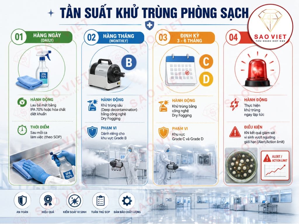 Tần suất khử trùng phòng sạch theo từng cấp độ và tình huống vận hành
