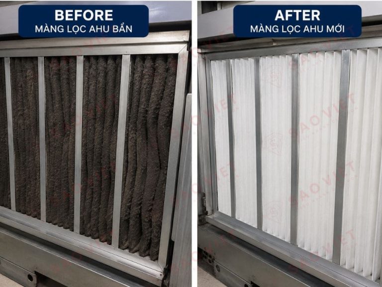 Ảnh beforeafter màng lọc AHU — một bên bẩn đen, một bên mới
