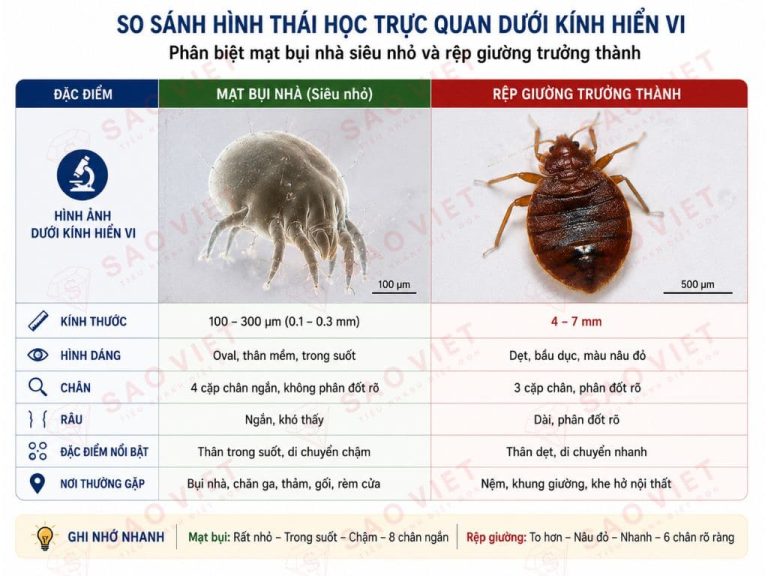 Kiểm soát mạt bụi và dịch hại giường nệm khách sạn 5 sao 3 Bảng so sánh hình thái học trực quan dưới kính hiển vi giữa mạt bụi nhà siêu nhỏ và rệp giường trưởng thành để nhân viên dễ dàng phân biệt
