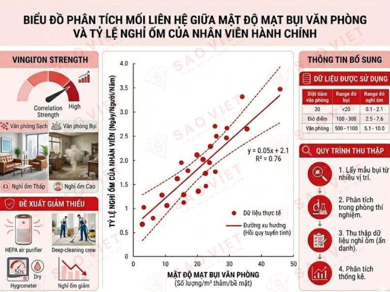 Biểu đồ phân tích mối liên hệ giữa mật độ mạt bụi văn phòng và tỷ lệ nghỉ ốm của nhân viên hành chính