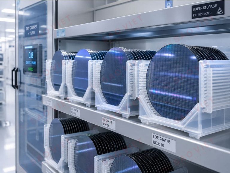 Các tấm Wafer silicon hình tròn bóng loáng được xếp ngay ngắn trong các khay/tủ lưu trữ chuyên dụng của phòng sạch bán dẫn