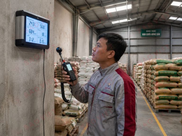 Kỹ thuật viên đo đạc các chỉ số môi trường bằng máy đo chuyên dụng trong kho chứa nông sản