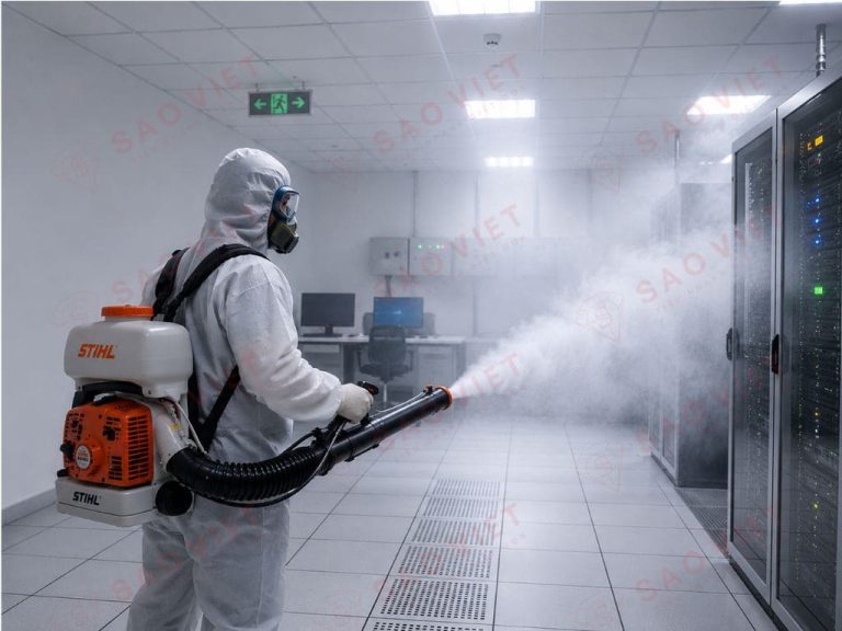 Nhân viên kỹ thuật mặc đồ bảo hộ (PPE) đang cầm máy phun sương mù hạt siêu vi (ULV) khử khuẩn 