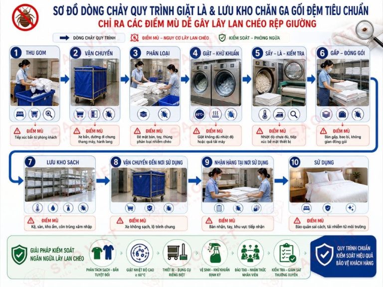 Kiểm soát mạt bụi và dịch hại giường nệm khách sạn 5 sao 2 Sơ đồ dòng chảy công việc của quy trình giặt là và lưu kho chăn ga gối đệm tiêu chuẩn, chỉ ra các điểm mù dễ gây lây lan chéo rệp giường