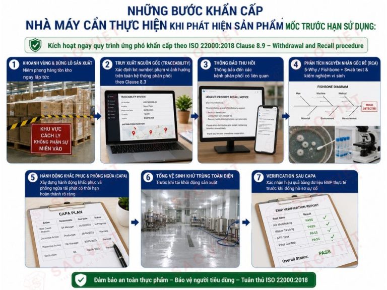 Kiểm soát nấm mốc trong nhà máy chế biến thực phẩm: Đảm bảo tiêu chuẩn ISO 22000 3 Quy trình ứng phó khẩn cấp khi phát hiện sản phẩm mốc trước hạn sử dụng