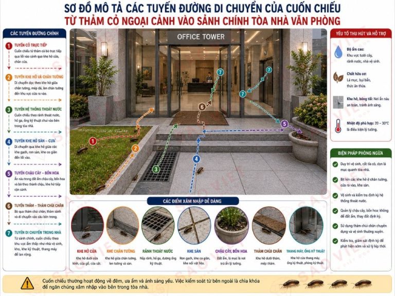 Giải pháp chặn cuốn chiếu xâm nhập sảnh và tầng hầm tòa nhà 2 Sơ đồ mô tả các tuyến đường di chuyển của cuốn chiếu từ thảm cỏ ngoại cảnh vào sảnh chính tòa nhà văn phòng