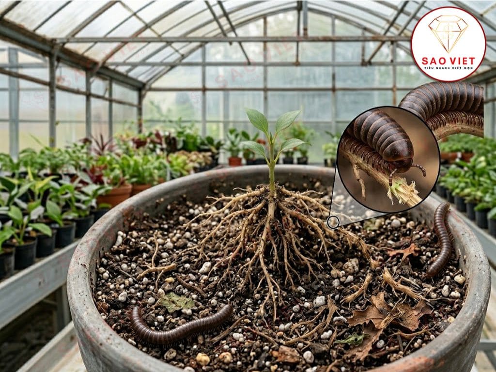 Sơ đồ mô tả cơ chế hàm của cuốn chiếu tàn phá mô tế bào rễ non trong môi trường đất trồng nhân tạo