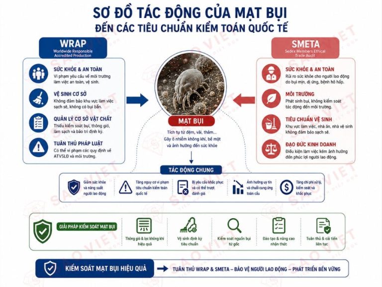 Sơ đồ tác động của mạt bụi đến các tiêu chuẩn kiểm toán quốc tế WRAP và SMETA